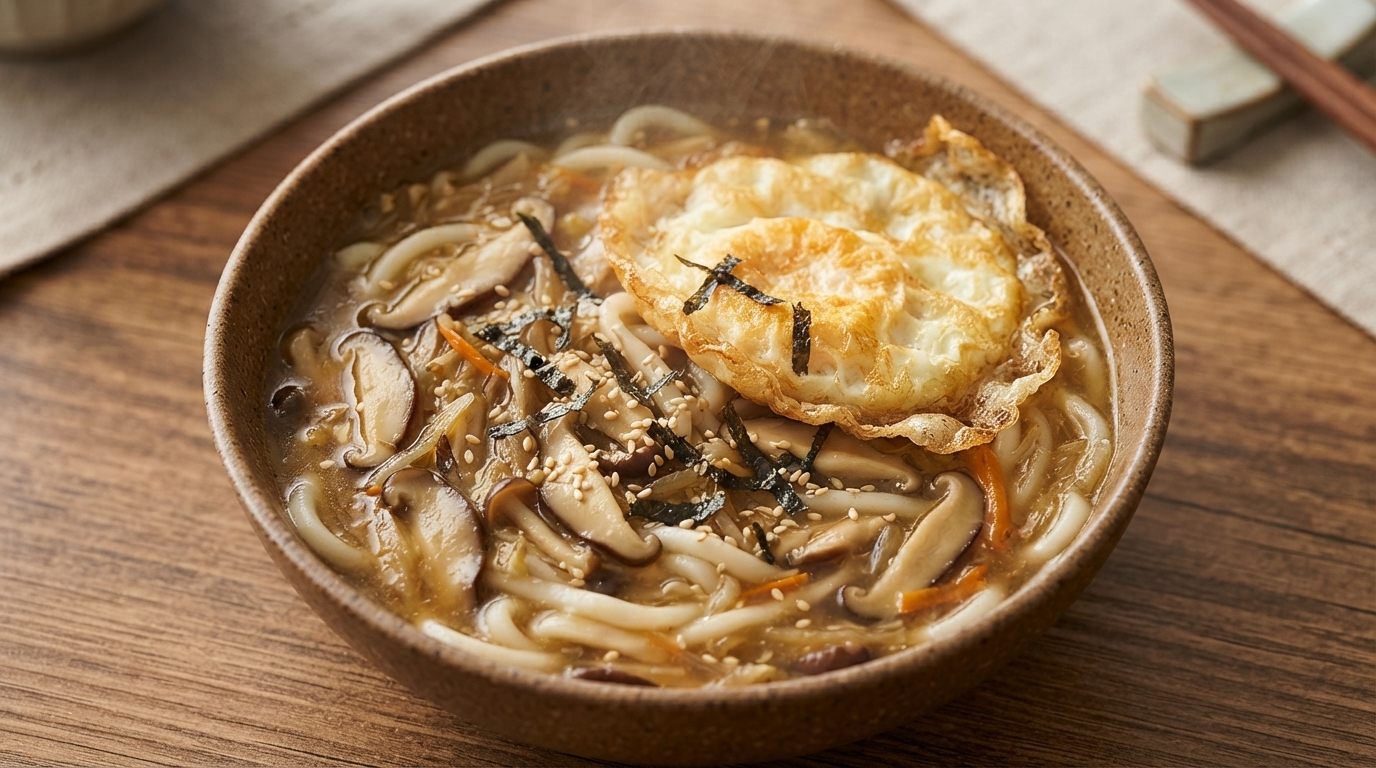 目玉焼きと白ごまをトッピングしたキノコの精進ヌードルのボウル