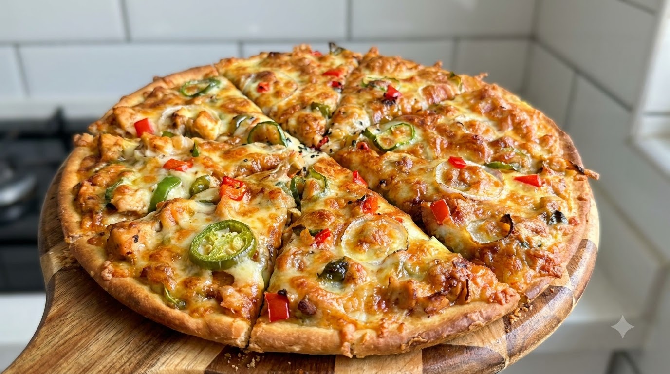 ハラペーニョとピーマンの自家製チキンピザ