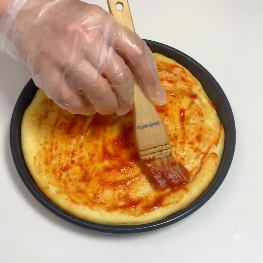 手袋を着用した手が、木製のペストリーブラシを使って丸いピザ生地の表面全体にトマトソースを均等に広げている様子。