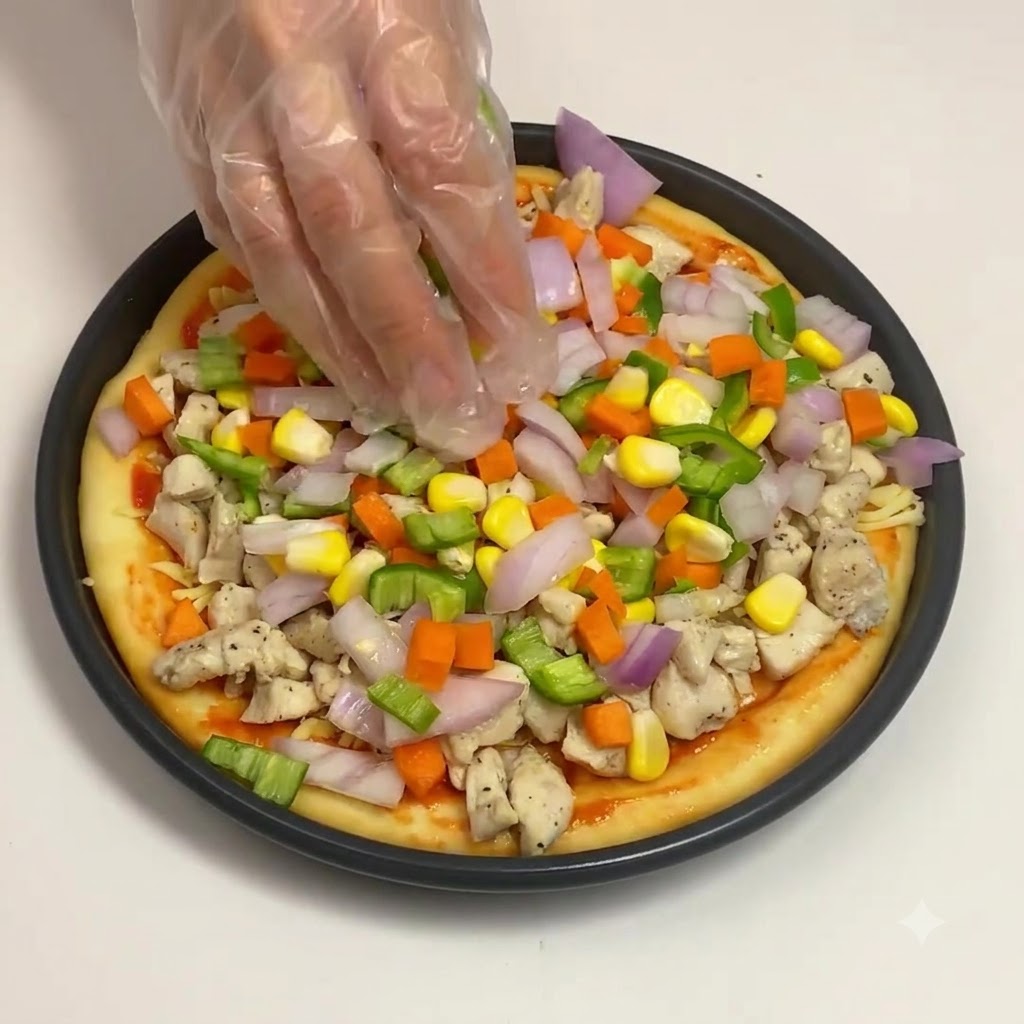 手袋を着用した手が、チキンのトッピングの上にみじん切りのタマネギ、ニンジン、ピーマン、コーンのカラフルなミックスを散らしている様子。