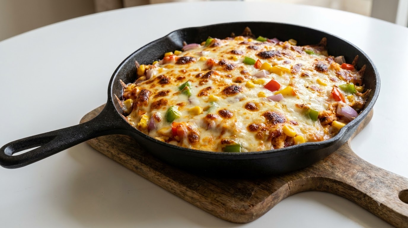 黒いフライパンの中でモッツァレラチーズと色鮮やかな野菜がとろけ合う、焼き立ての自家製鶏むね肉ピザ