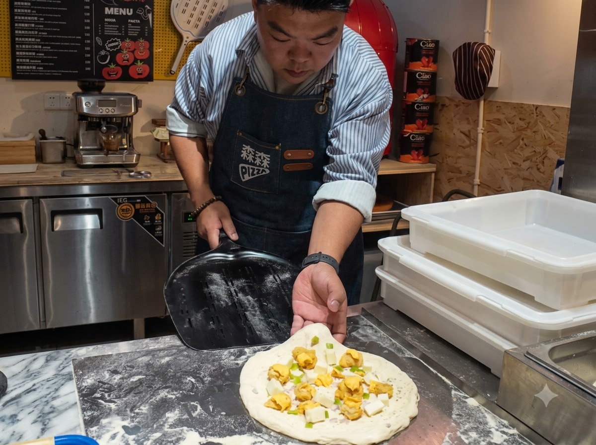 成形の準備が整った、小麦粉が振られた黒いピザピールの上に休む組み立てられたピザ