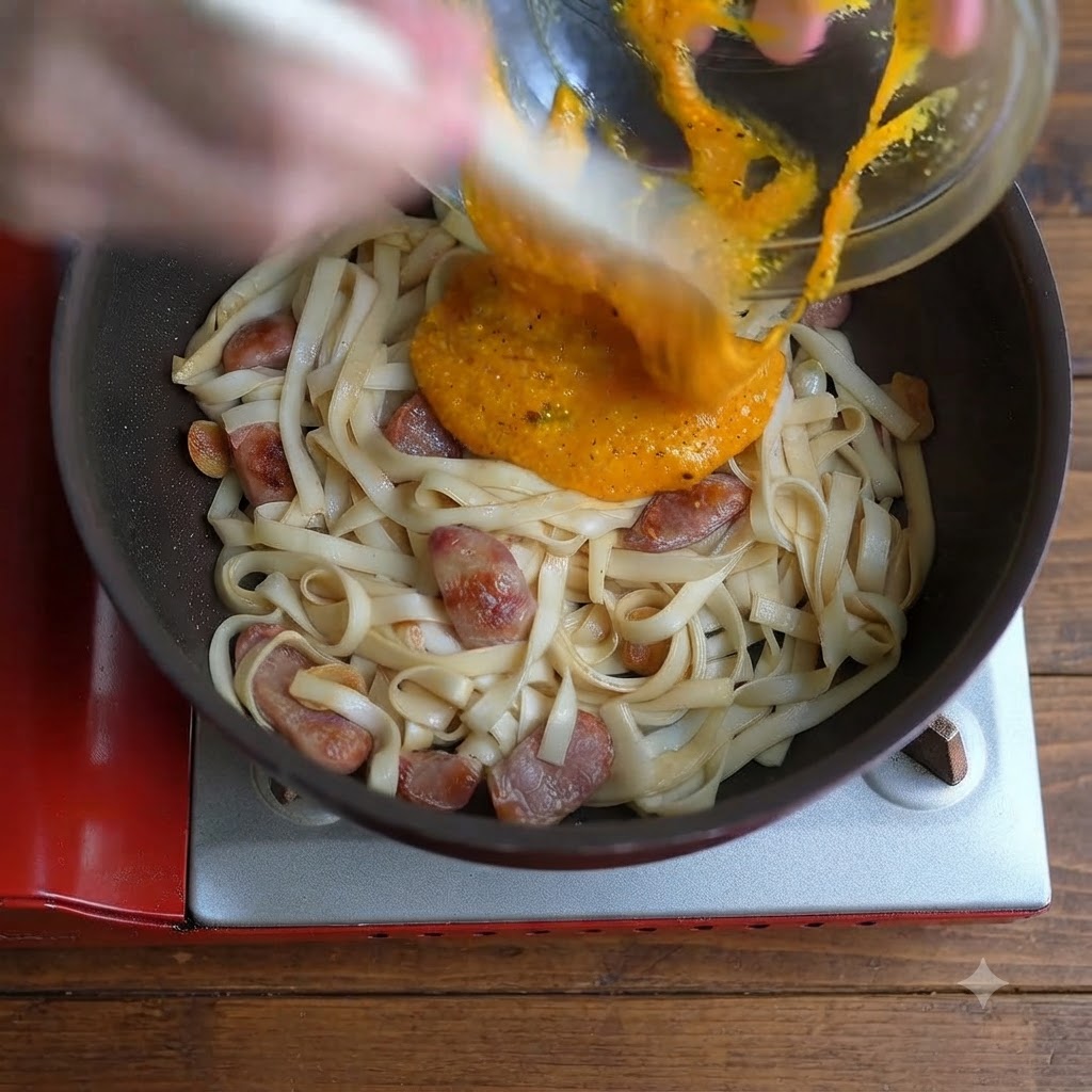 ガラスボウルから、幅広麺とスライスソーセージが入ったフライパンに濃厚な黄金色の卵とチーズのソースが注がれている様子。