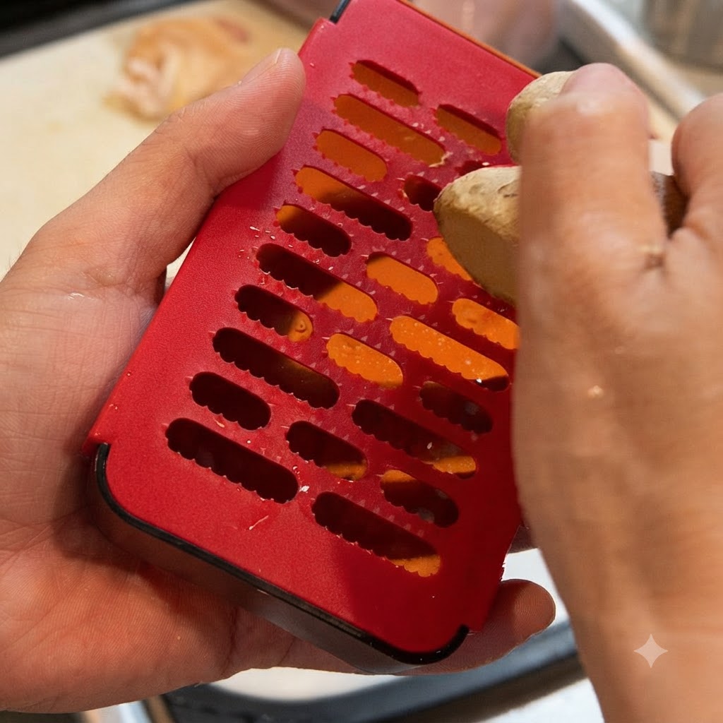 赤いおろし器を使って容器のなかで生姜をすりおろしている様子