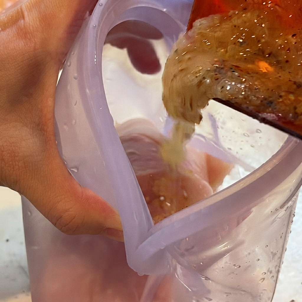 赤い容器から紫色のバッグに入った生肉へマリネ液を注ぎ入れている様子