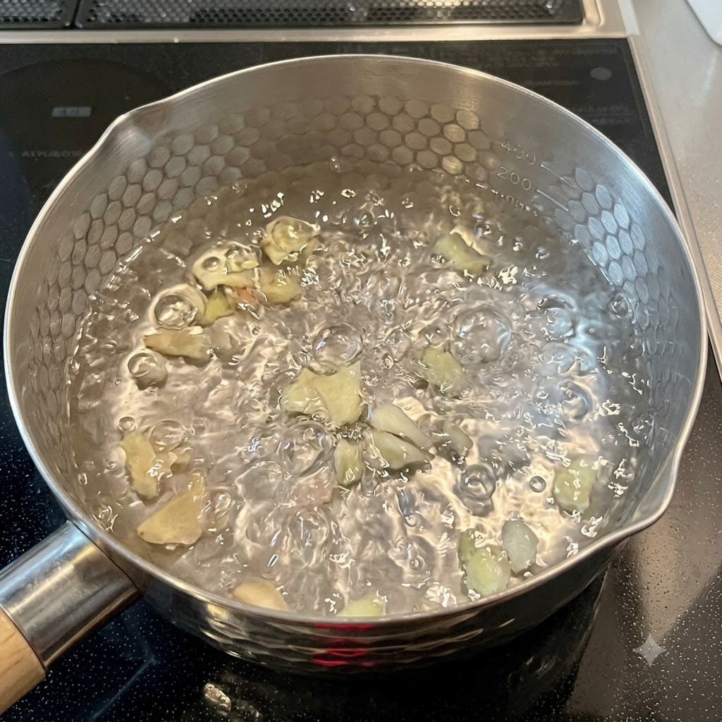 沸騰して泡立つお湯の中で乾麺が茹でられている様子