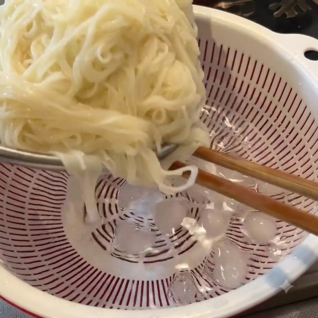 氷と冷水の入った白いザルの中で、菜箸を使って茹で上がった麺を冷やし洗いしている様子