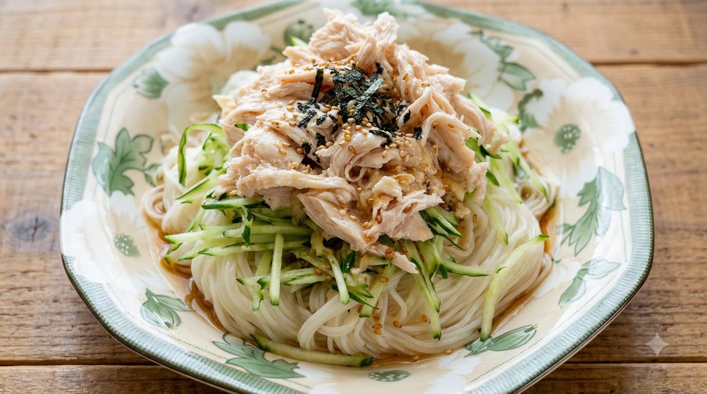千切りキュウリ、しっとりとした鶏肉のほぐし身、ゴマ、海苔をトッピングした冷やしそうめんの盛り付け皿