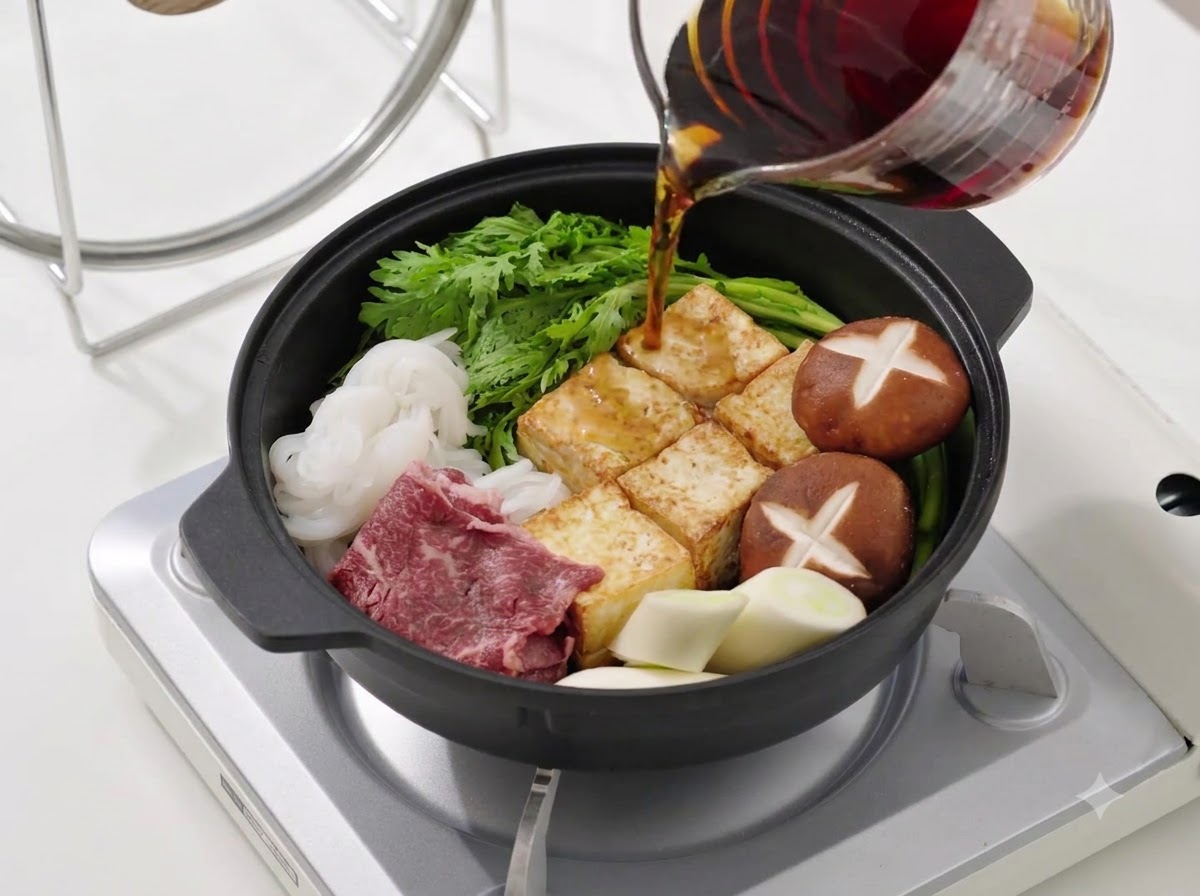 ガラスの計量カップから、野菜、豆腐、牛肉が並べられた鍋の中に濃い茶色のすき焼きのタレが注がれている様子。