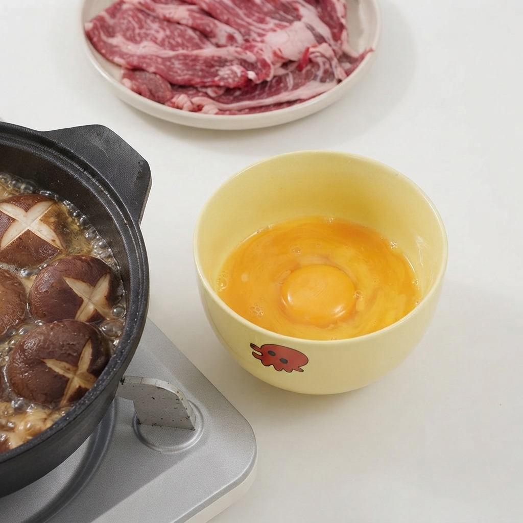 キノコが煮立っている鍋の隣にある黄色いボウルに割られた生卵が、箸で溶きほぐされている様子。