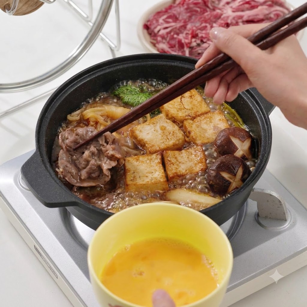 豆腐やキノコが入った煮え盛る鍋の上で、箸で調理された牛肉の切れ端をつまんでおり、下には溶き卵のボウルがある様子。