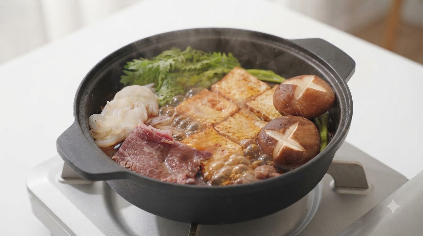 柔らかい牛肉、焼き豆腐、椎茸、新鮮な野菜が入ったグツグツと煮える日本のすき焼きの鍋。