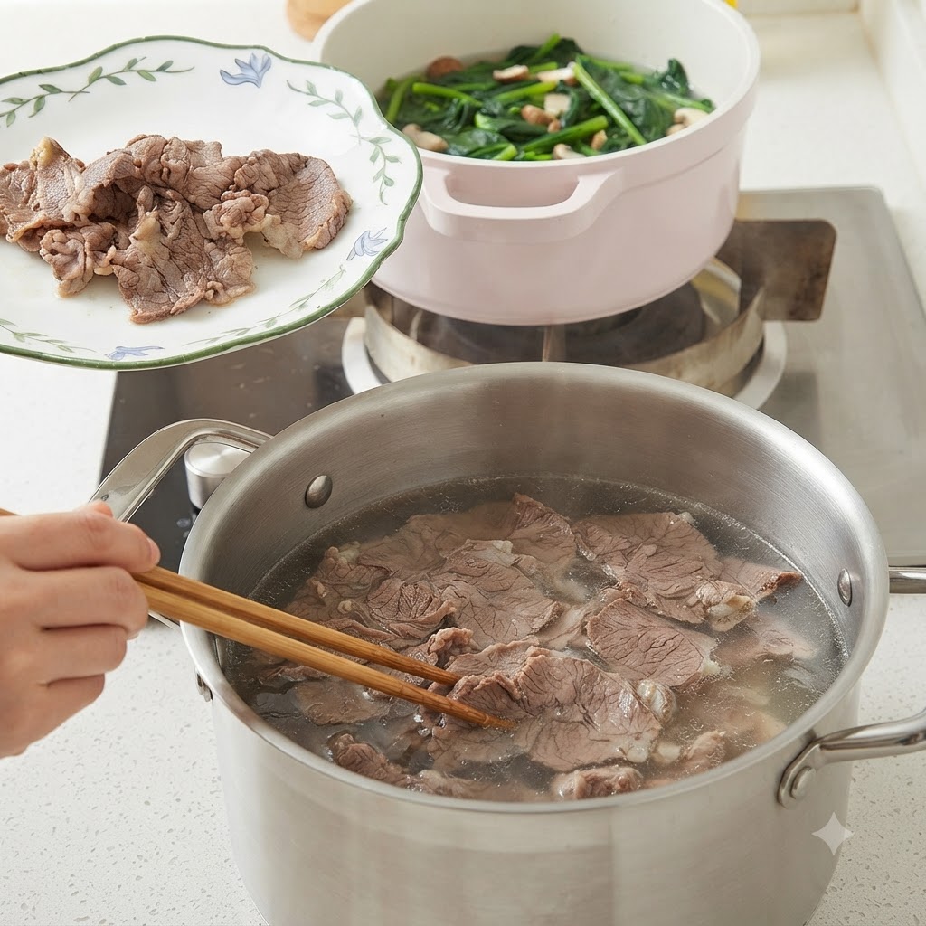 箸で熱いお湯から持ち上げられ、模様の入った白い皿の上に置かれる茹でた牛肉のスライス。