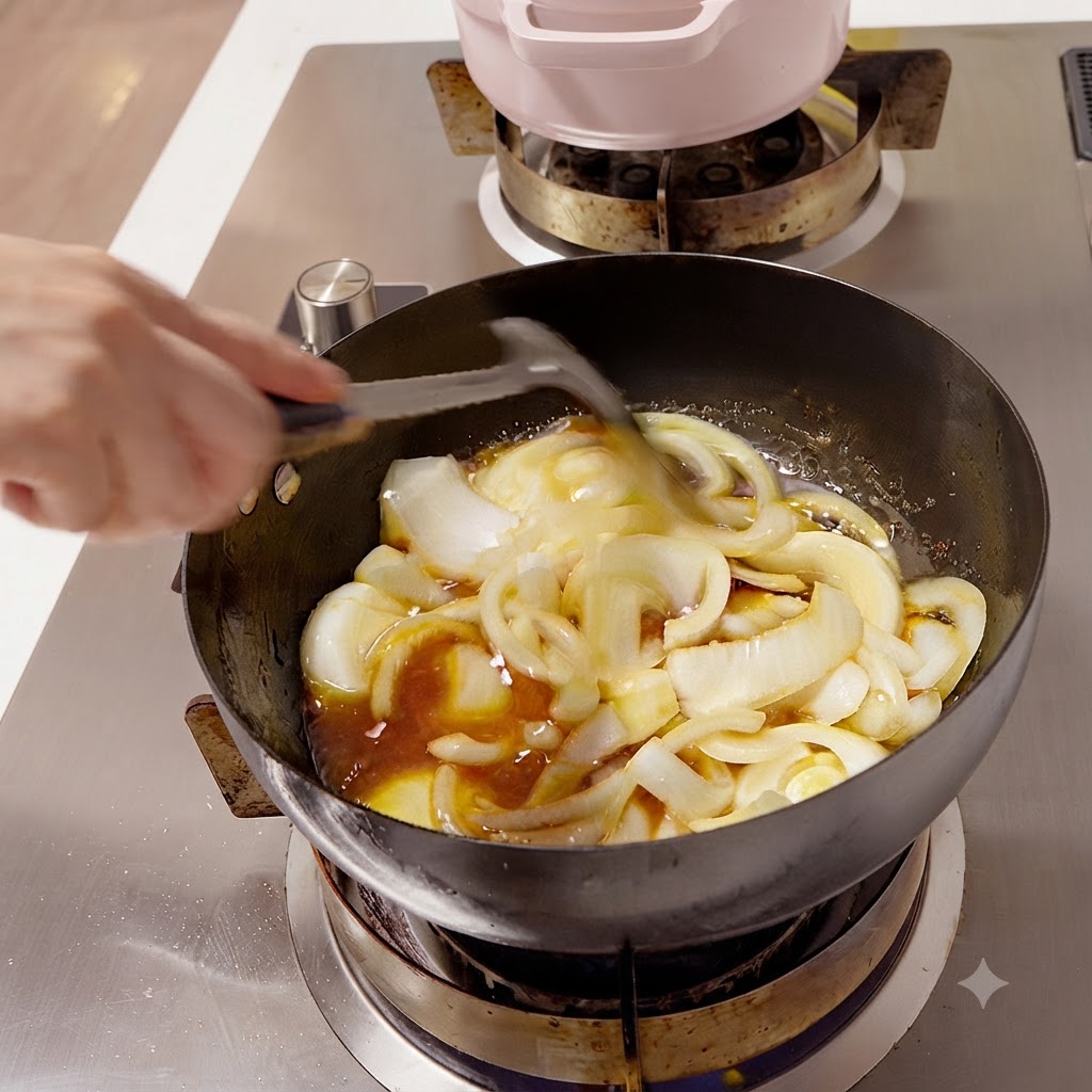 黒い中華鍋の中のスライスしたタマネギの上に注がれる液体の調味料とタレ。