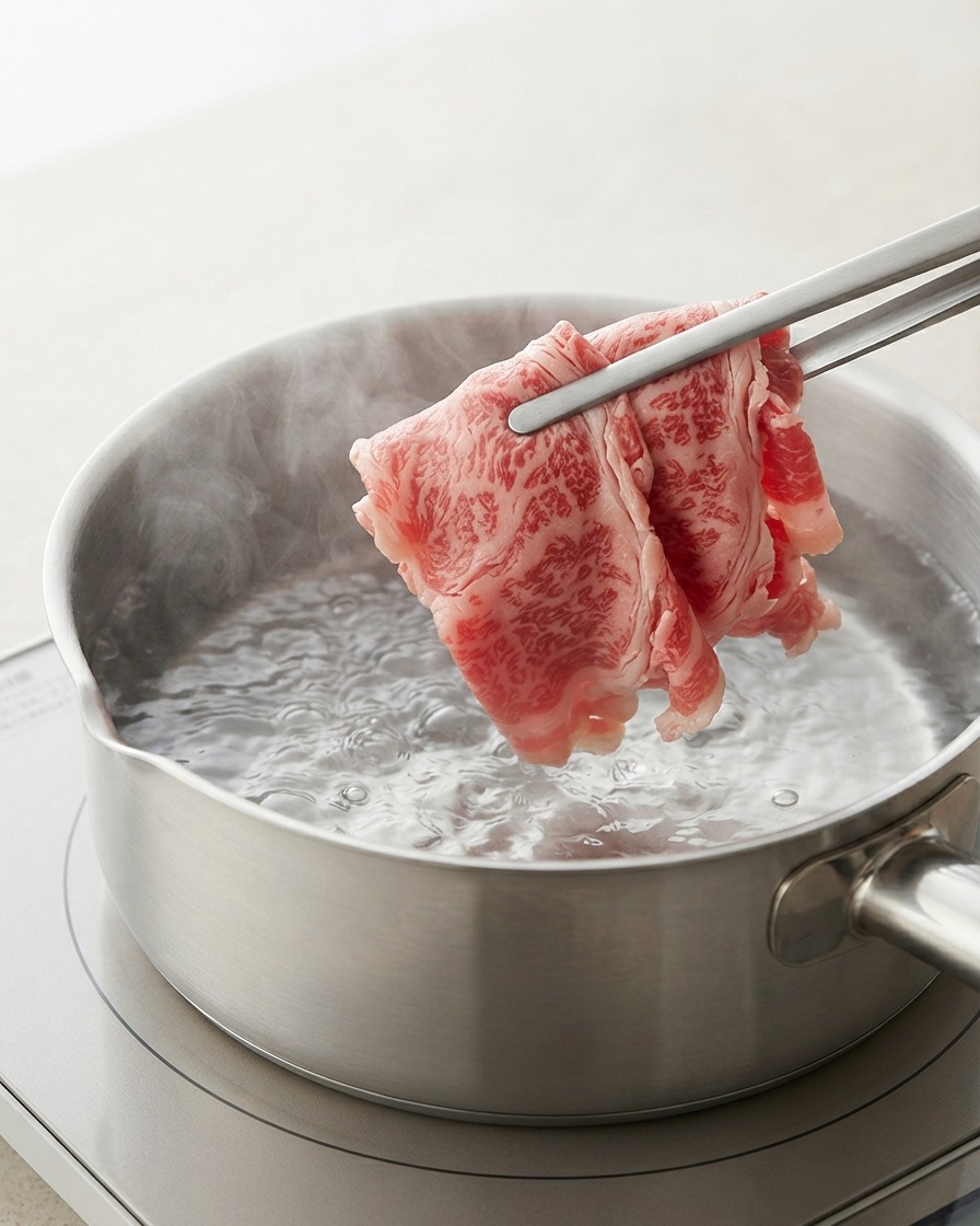 キッチントングを使って、沸騰したお湯の入った鍋に牛肉を投入している様子。