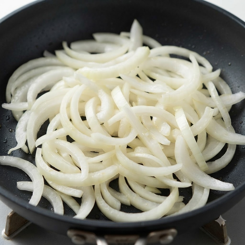 黒いフライパンの中で、油と一緒に白い玉ねぎのスライスを炒めている様子。