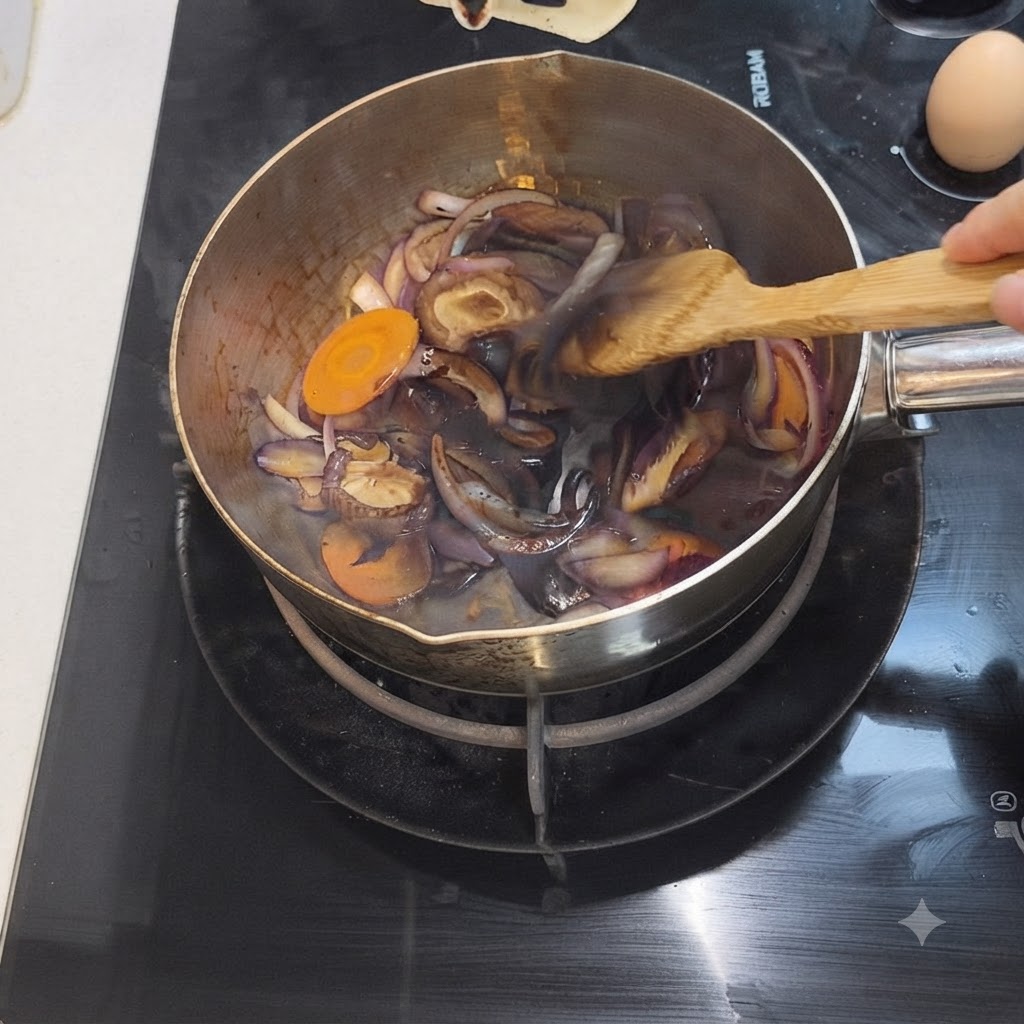調理中の鍋の中で、沸騰している野菜の上に濃口醤油が注がれている様子。