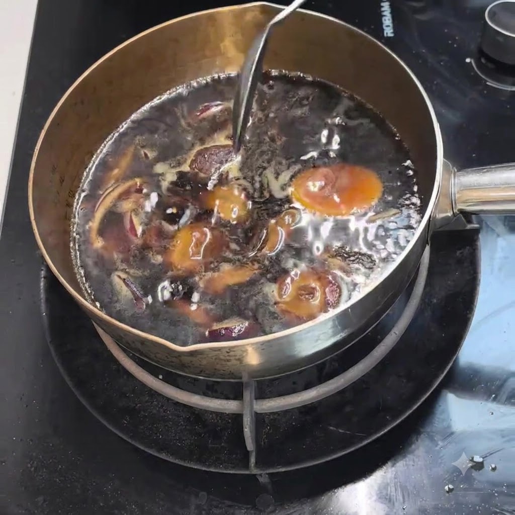 濃い色のスープの中で、りんぐのスライスと戻した海藻が煮込まれている様子。