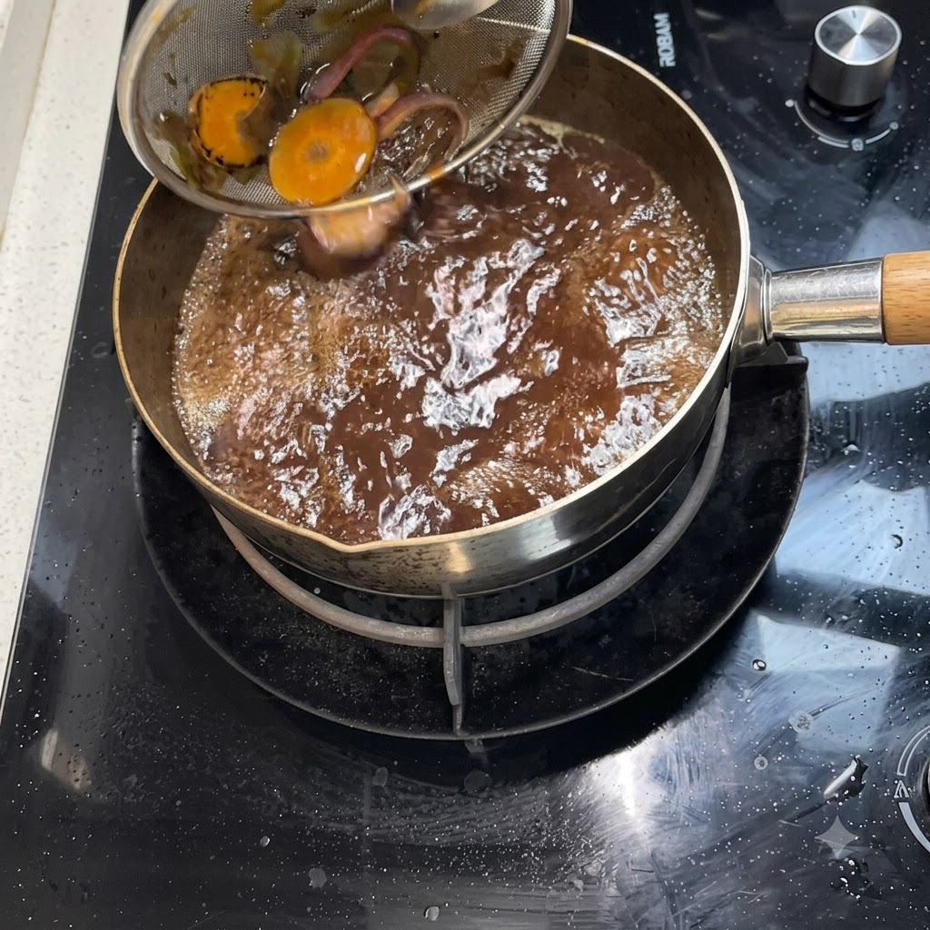 目の細かいざるで茹でた野菜の破片を受け止めながら、濃いすき焼きのタレが鍋に注がれている様子。
