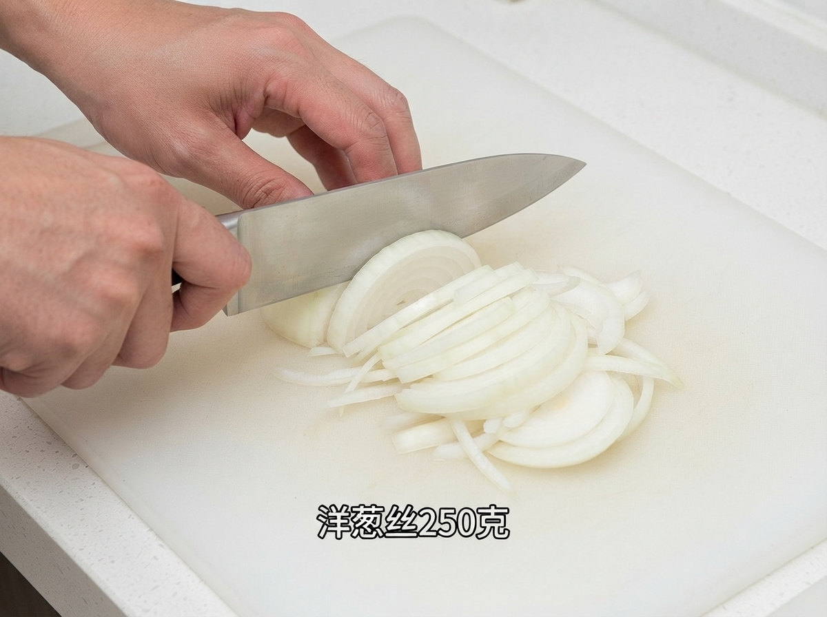 白いまな板の上で、プロ用のシェフナイフを使ってタマネギを薄切りにしている様子
