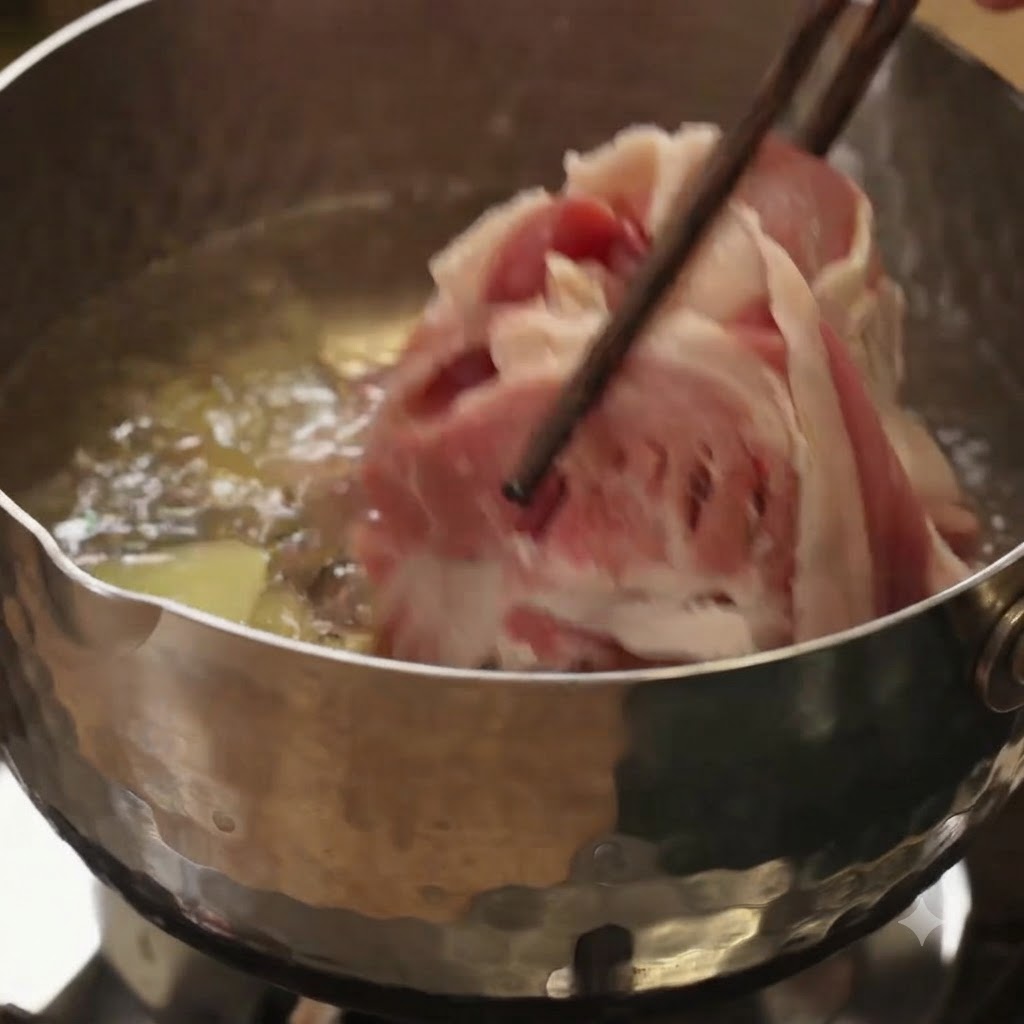 生姜の入った金属製の鍋の熱湯に、箸で薄切り牛肉を入れているところ