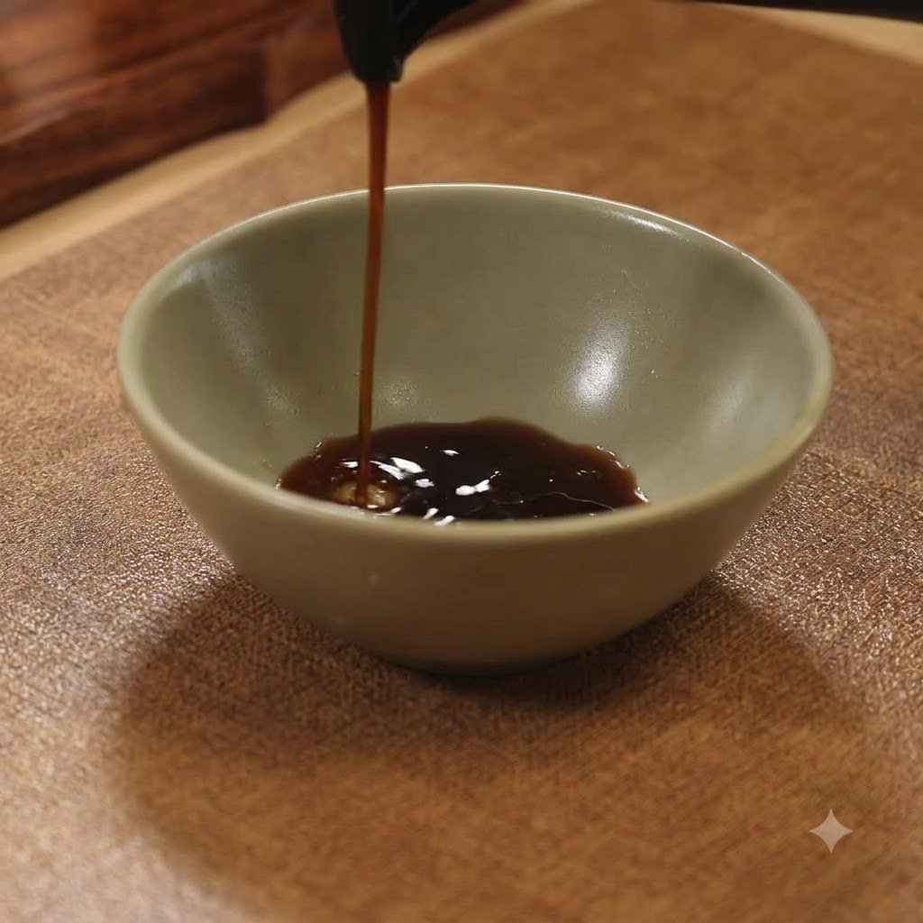 木製のボードの上に置かれた小さなセラミックの器に、ボトルから醤油を注いでいるところ