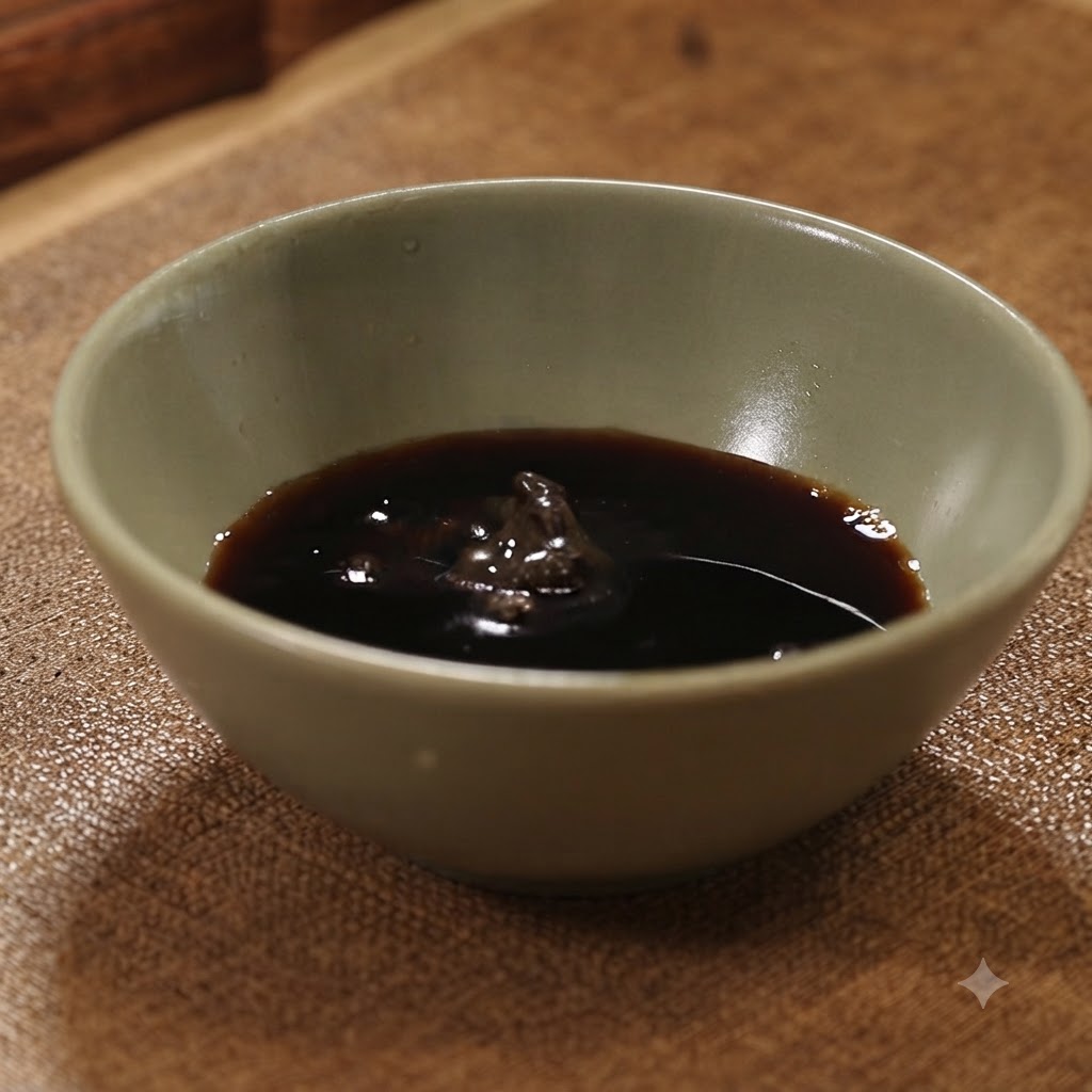 中央に黒トリュフのペーストがのった、黒いタレの入った小さな器