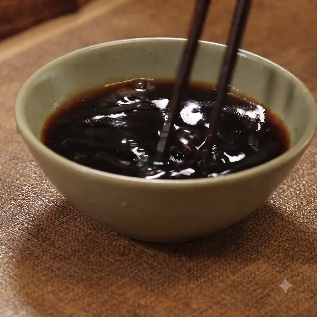 小さなセラミックの器の中で、箸を使って黒いタレを混ぜ合わせているところ