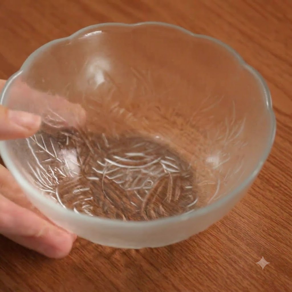 ガラスの混ぜ合わせ用ボウルにスプーンで薄口しょうゆを計量して注いでいる様子。