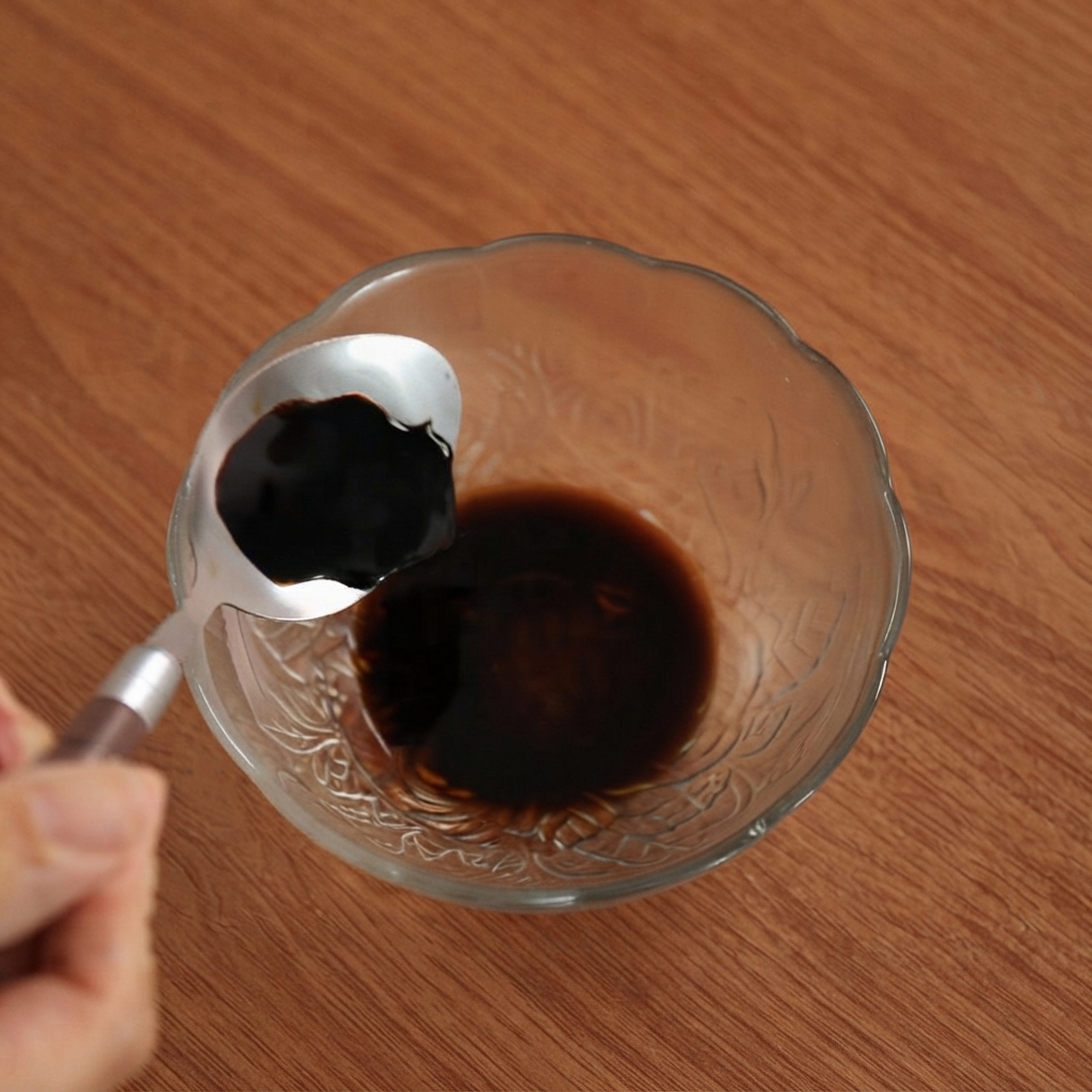 小さなガラスボウルに入った調味料に、スプーン1杯の濃口しょうゆを加えている様子。