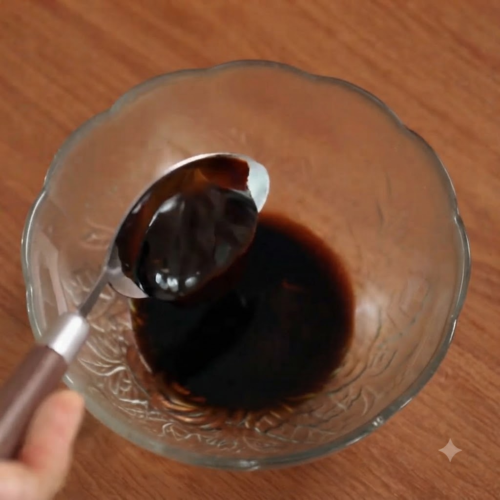 ソースの材料が入ったガラスボウルに、とろみのあるオイスターソースをスプーンですくい入れている様子。