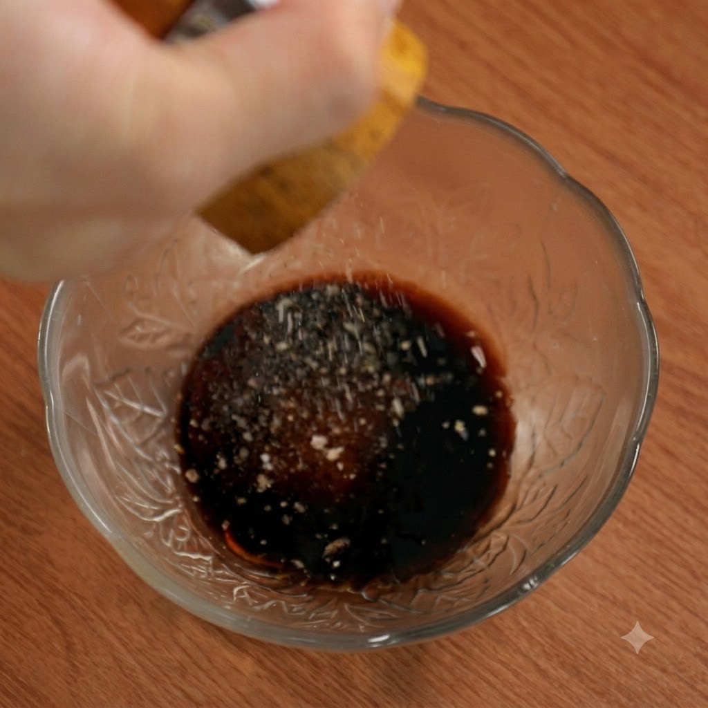 ガラスボウルの中のタレに、フレッシュな黒こしょうを挽きかけている様子。