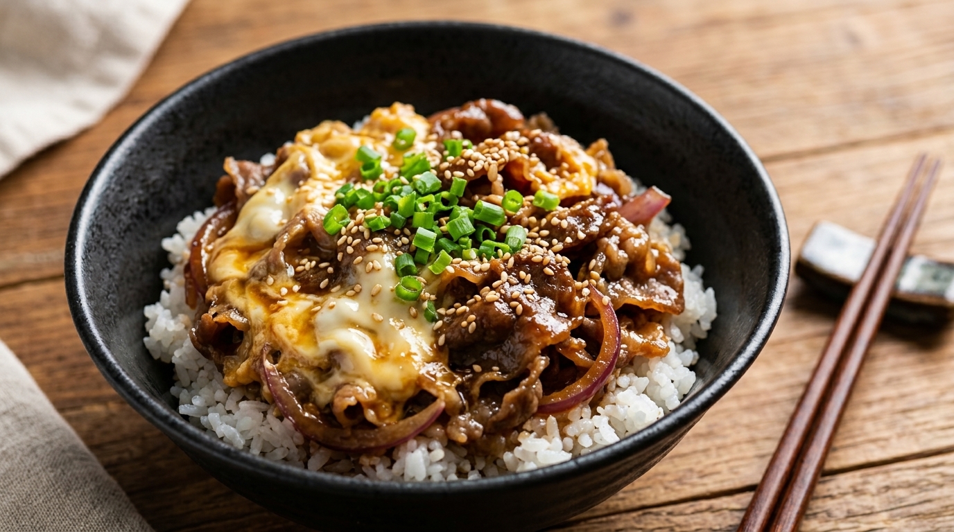 テリヤキビーフとスクランブルエッグの丼