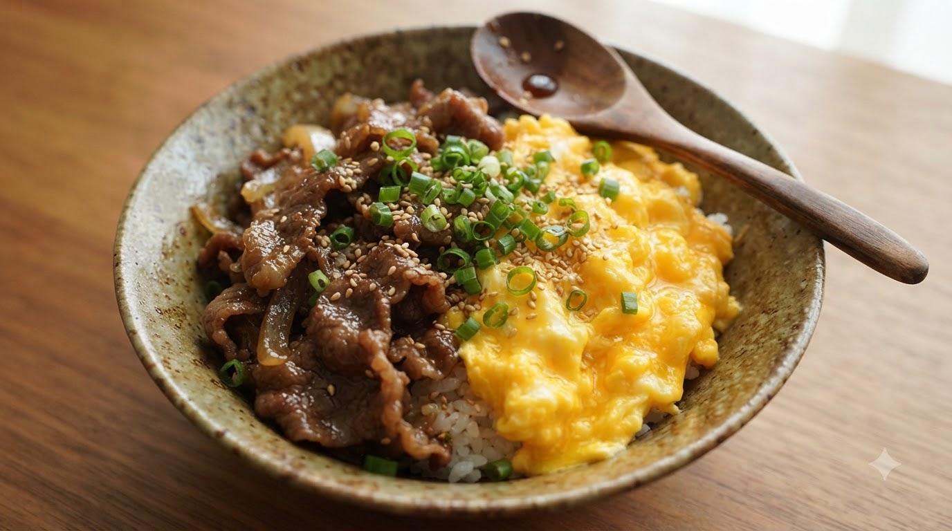 照り焼きビーフとスクランブルエッグのどんぶり