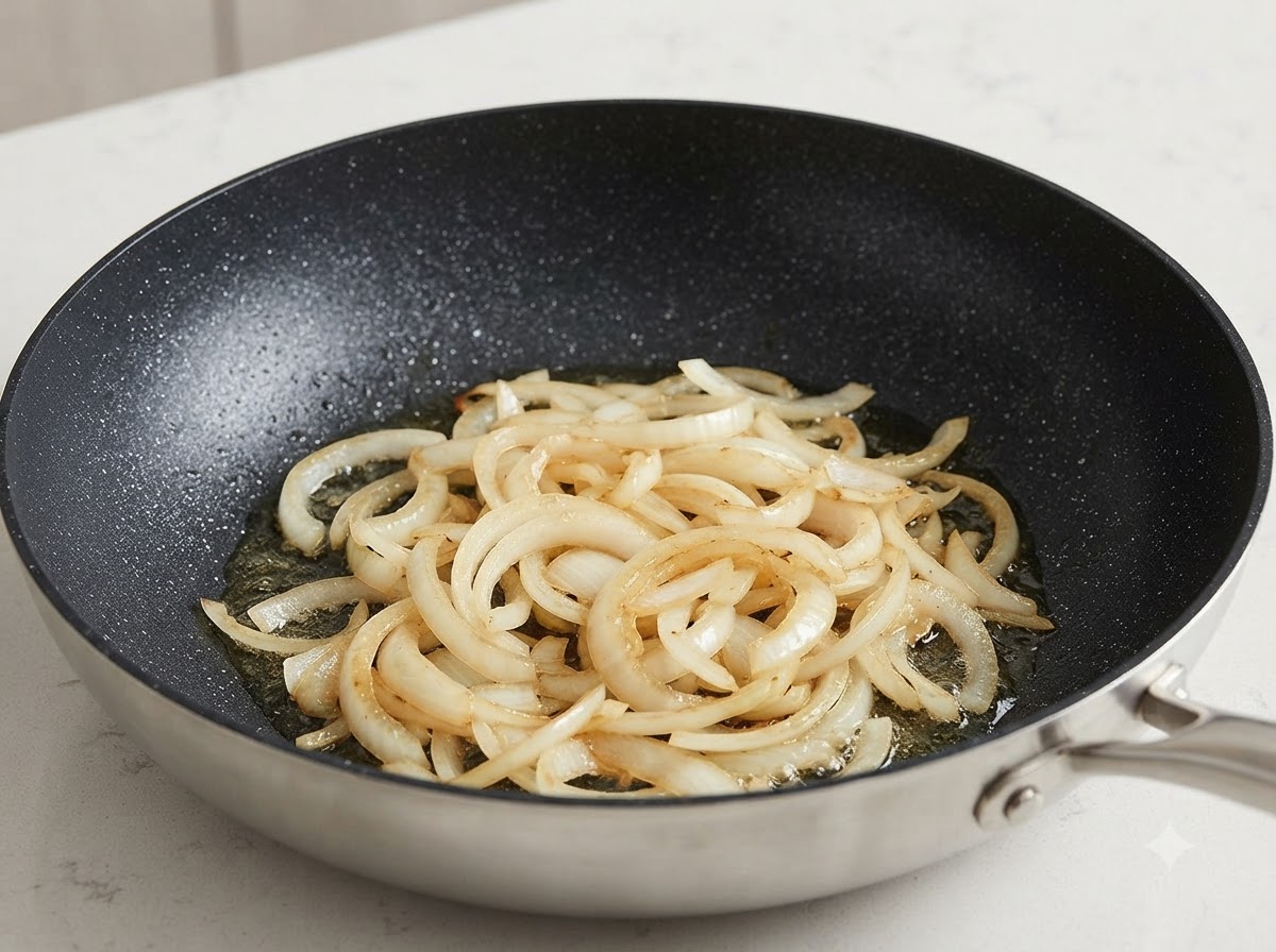 フライパンの油で玉ねぎが炒められ、しんなりとしている様子。