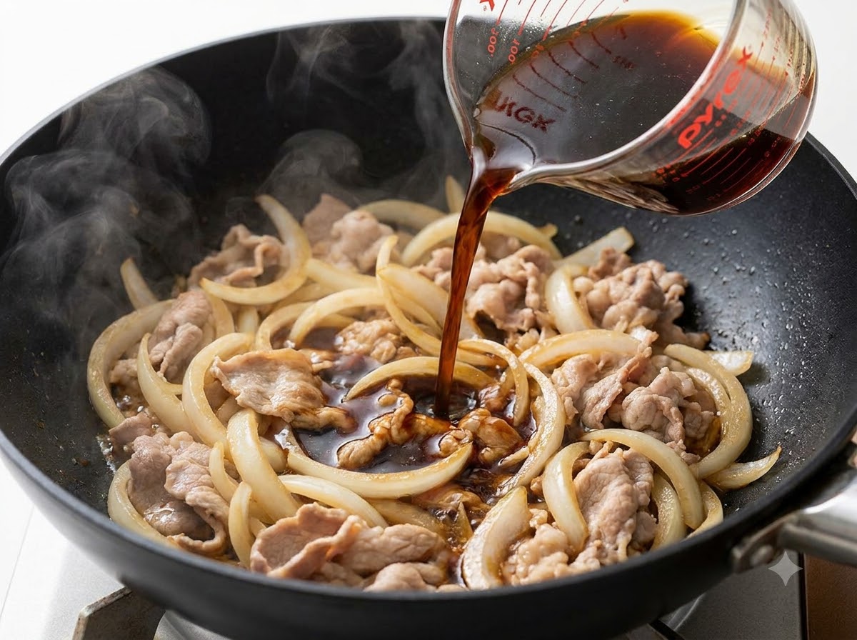 計量カップから、牛肉と玉ねぎの入ったフライパンに照り焼きのタレが注がれている様子。