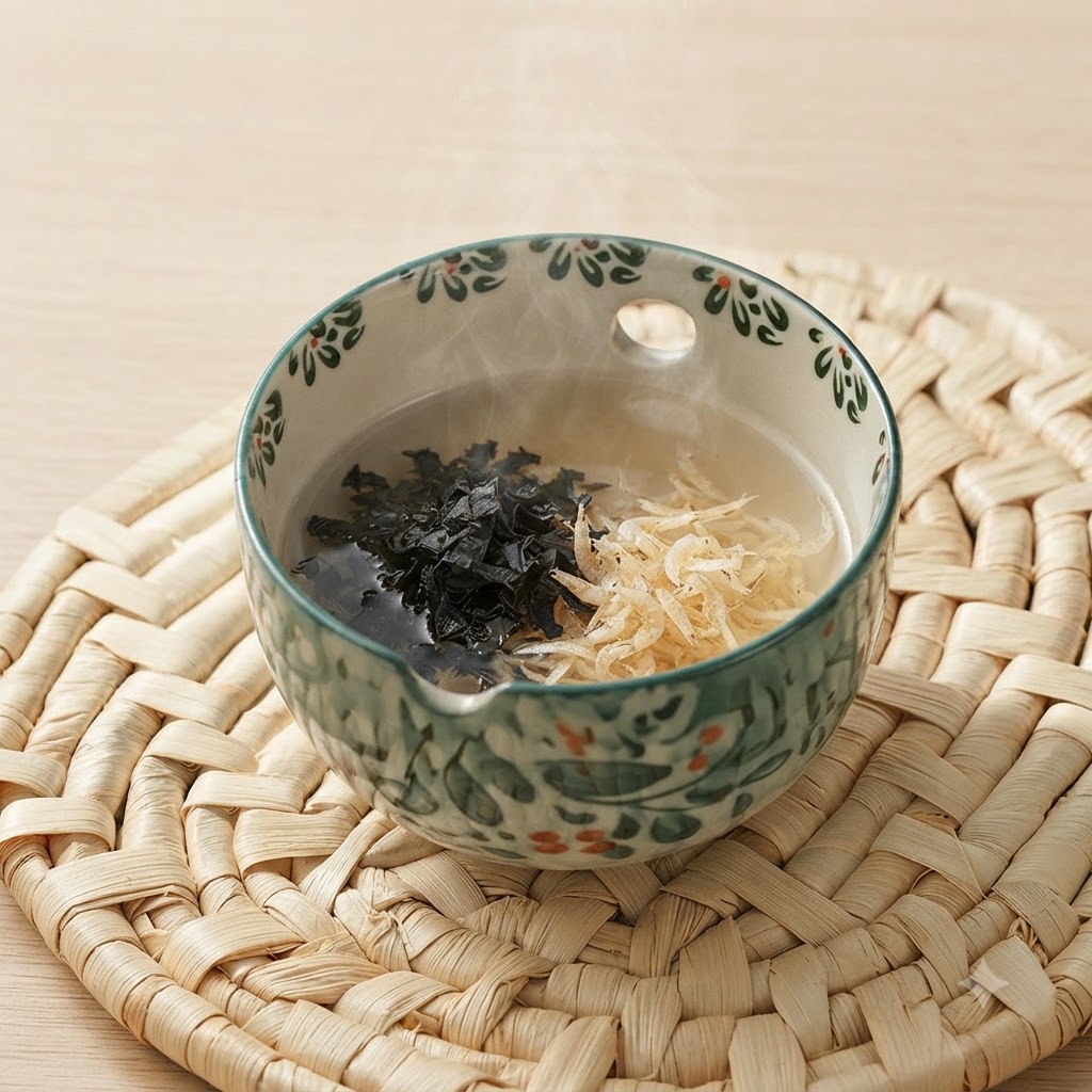 わかめ、干しエビ、液体の調味料が入った陶器の器。