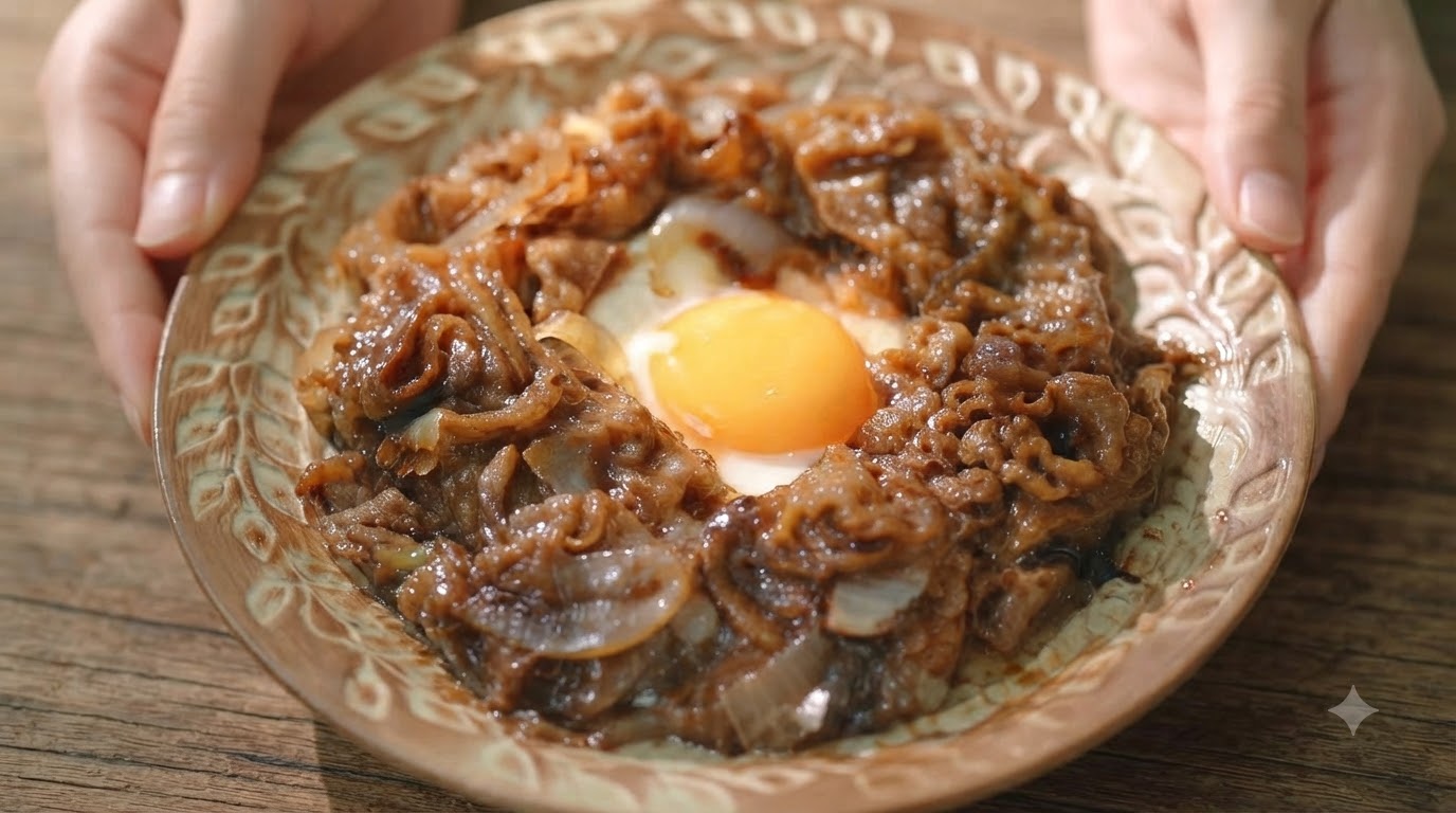卵黄をトッピングした牛照り焼き丼のクローズアップ俯瞰写真