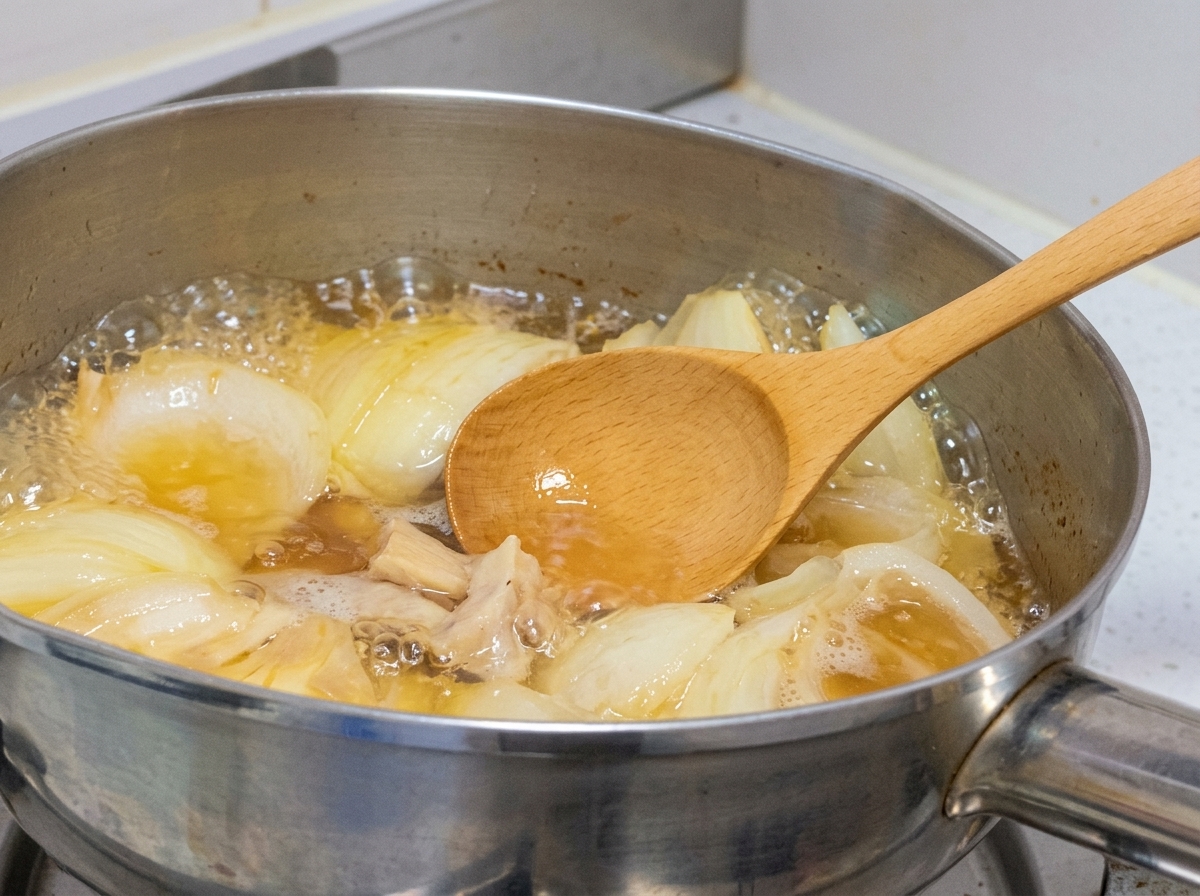 木のスプーンで、鶏肉と玉ねぎが入った鍋の表面からアクを取る様子