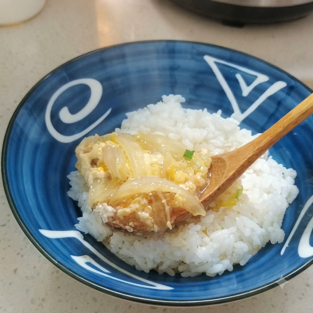 調理された鶏肉、卵、玉ねぎをご飯の上に盛り付ける様子