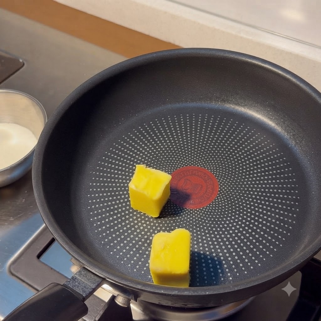 黒色のノンスティックフライパンの中でバターが完全に溶けている様子。