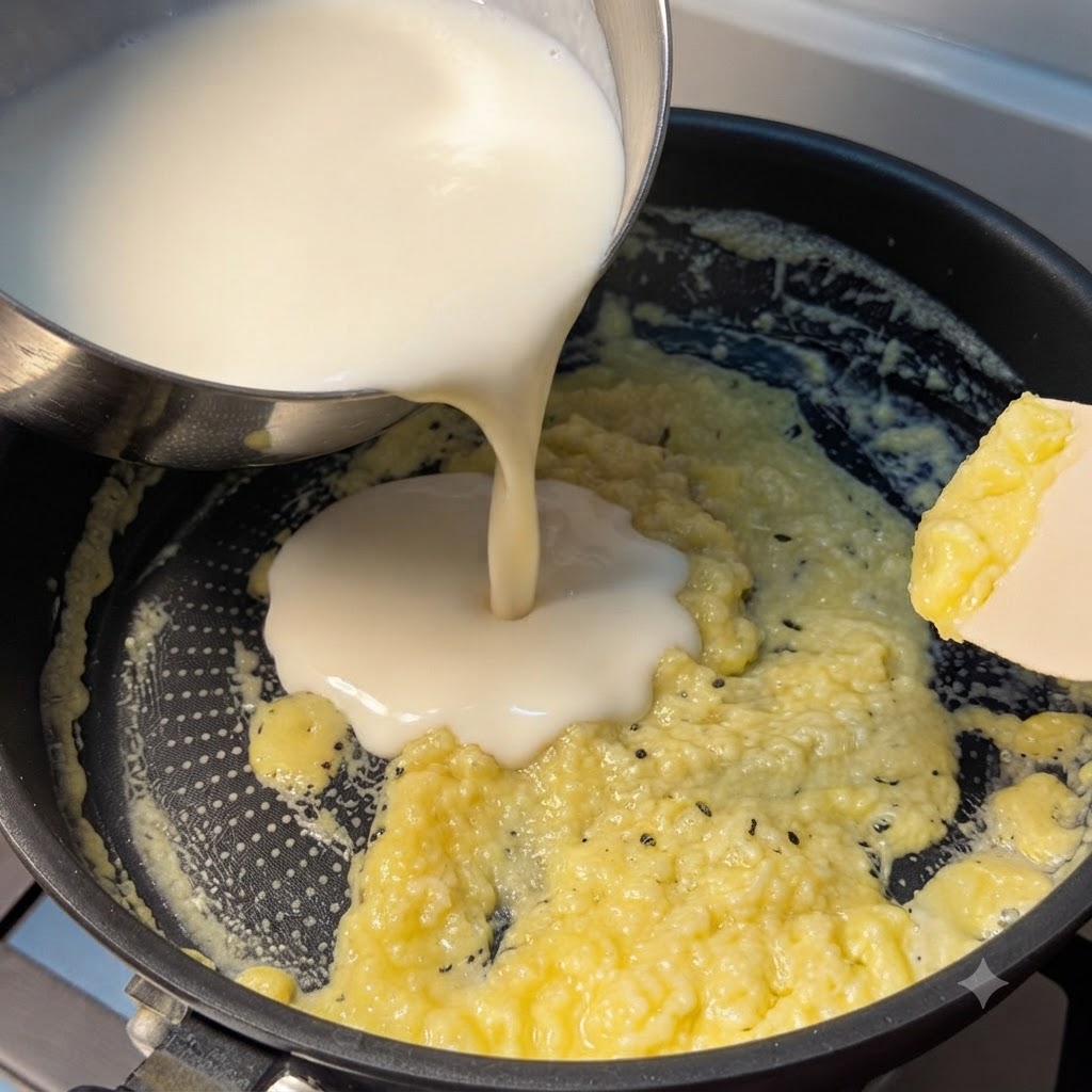 スチール製の容器から、黄色みがかったルーが入ったフライパンへ温めた牛乳を注いでいる様子。