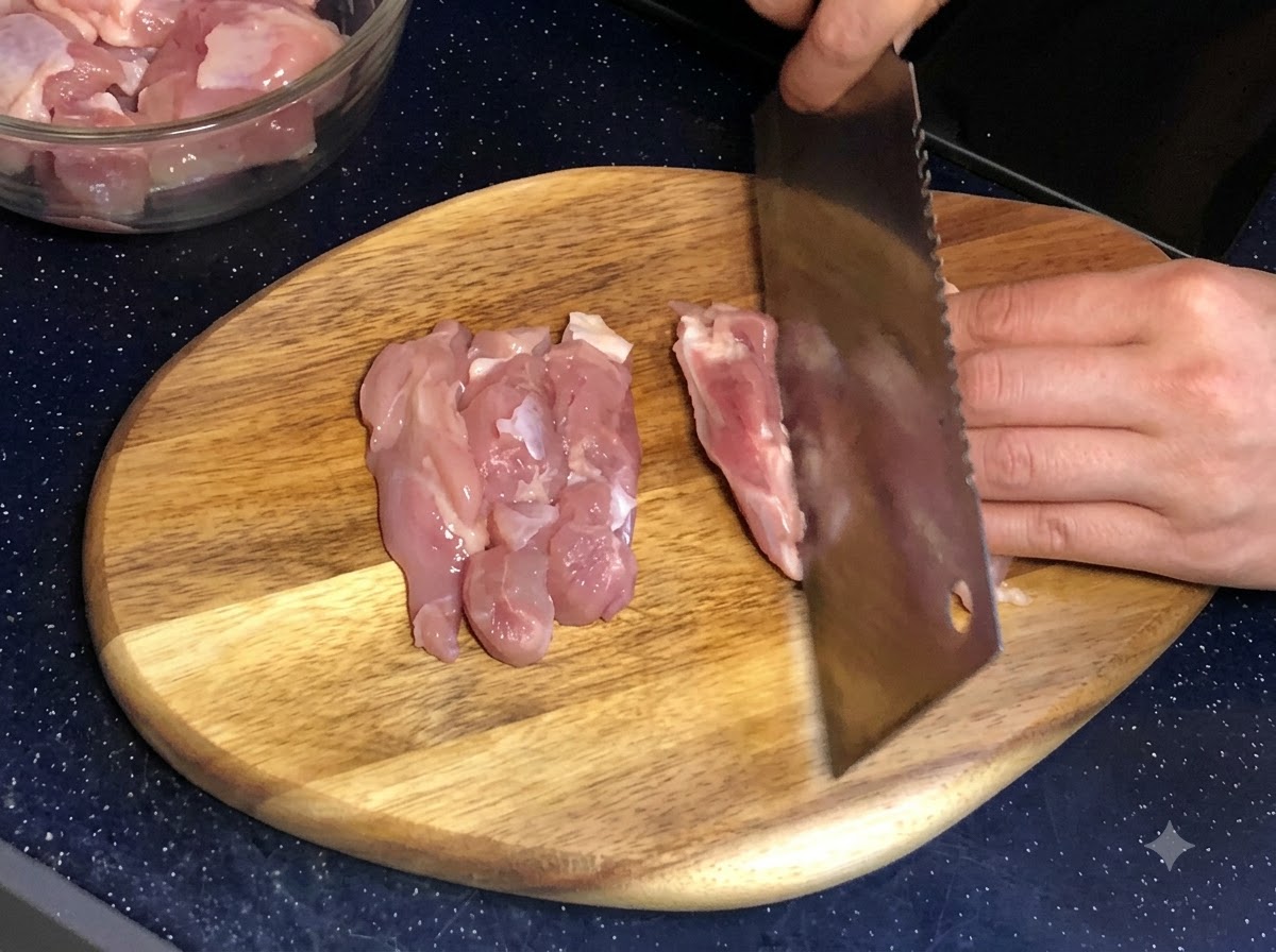 木製のまな板の上で、包丁を使って生の鶏もも肉を食べやすい大きさに切っている手。