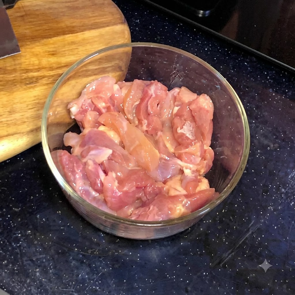 丸いガラスのボウルに入った、一口大の生の鶏もも肉。