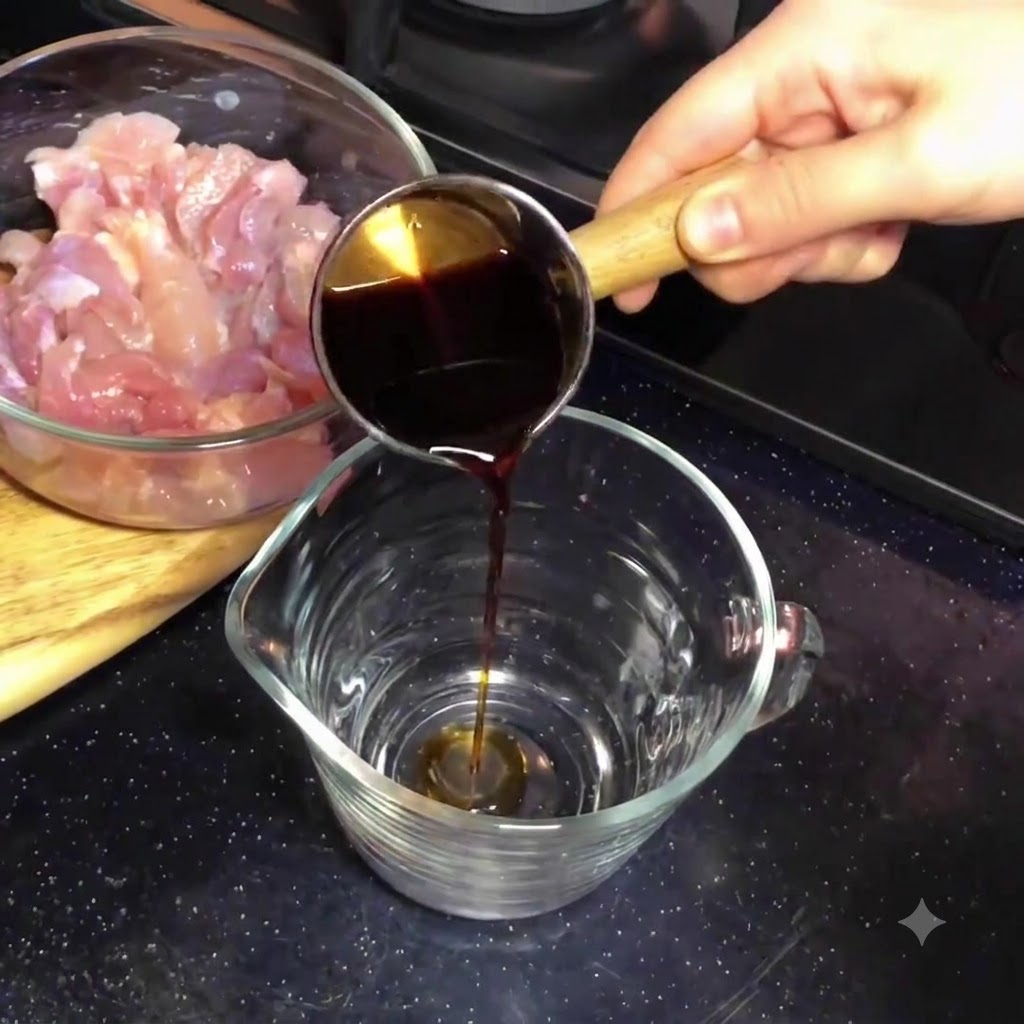 小さな金属製の計量カップから、大きな透明のガラスピッチャーに濃い色のすき焼きのタレを注いでいる様子。