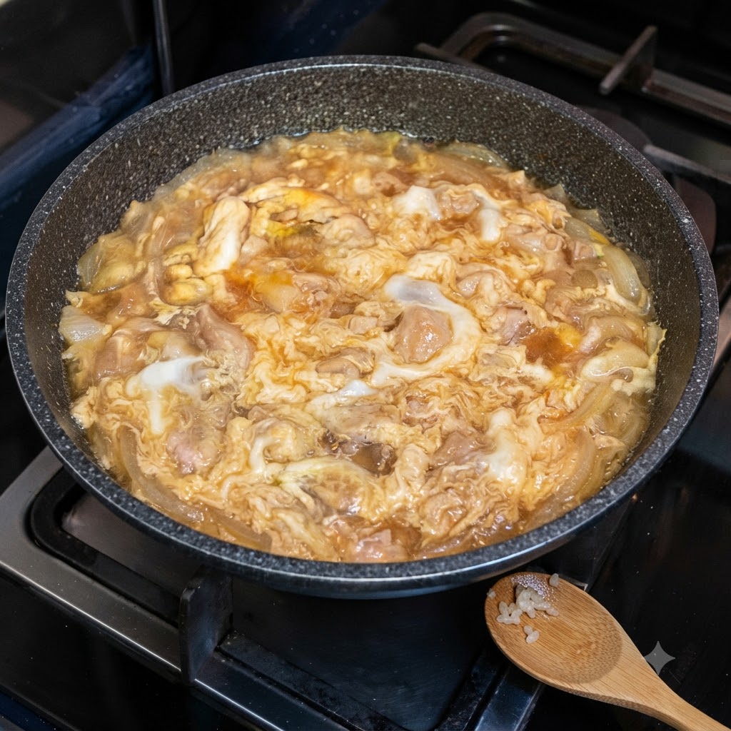 フライパンで煮込んでいる鶏肉と玉ねぎの上に、軽く火が通りかかった溶き卵が絡まっている様子。