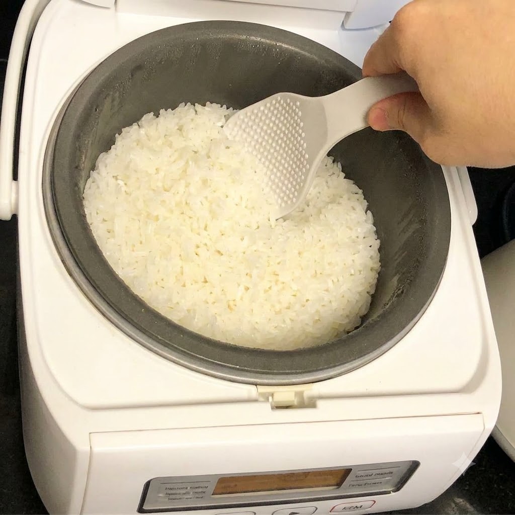 炊飯器の内釜から、白いしゃもじを使って白ご飯をすくい出している手。