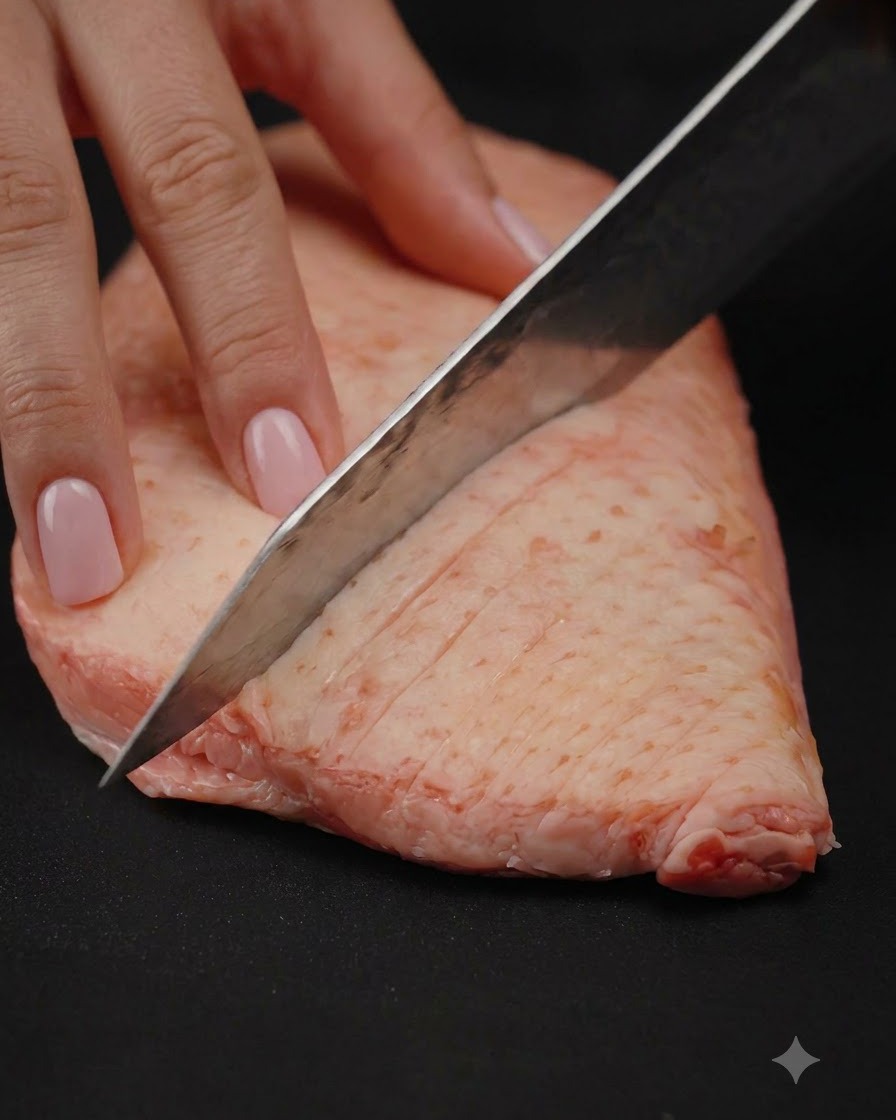 鋭いシェフナイフを使って、生の状態の鴨胸肉の厚い脂肪層にダイヤモンドパターンの切り込みを入れているクローズアップ写真。