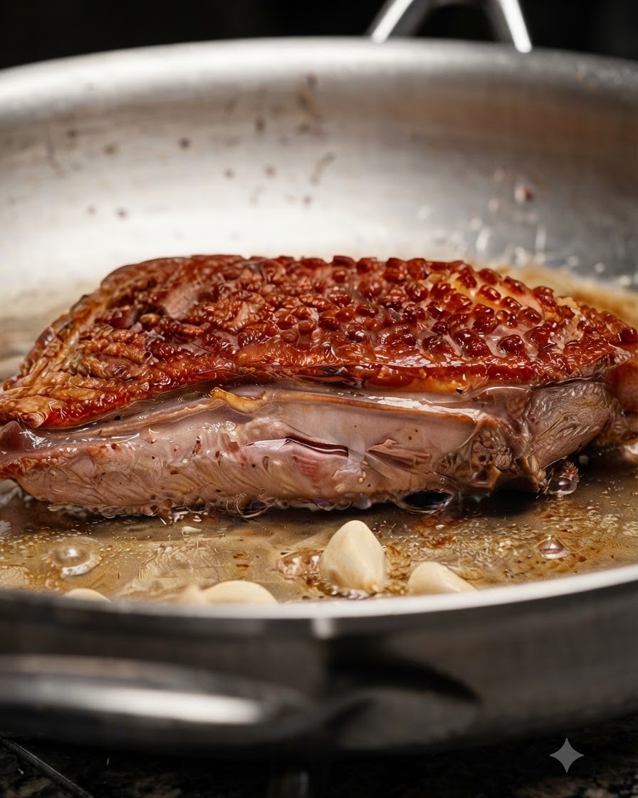 こんがりとした鴨肉、泡立つバター、潰したにんにく、新鮮なハーブの小枝が入ったフライパン。