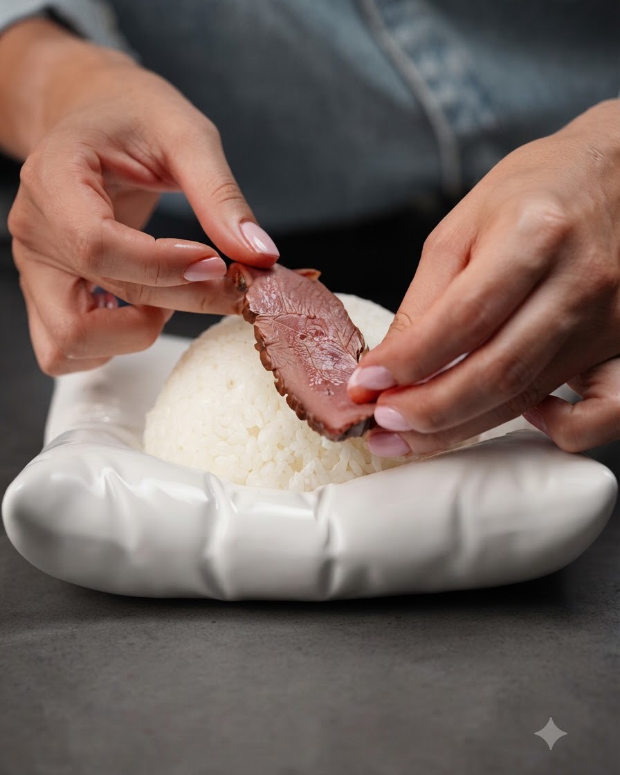 白いお椀に綺麗に型どられた白ごはんの上に、スライスした鴨肉をのせているところ。